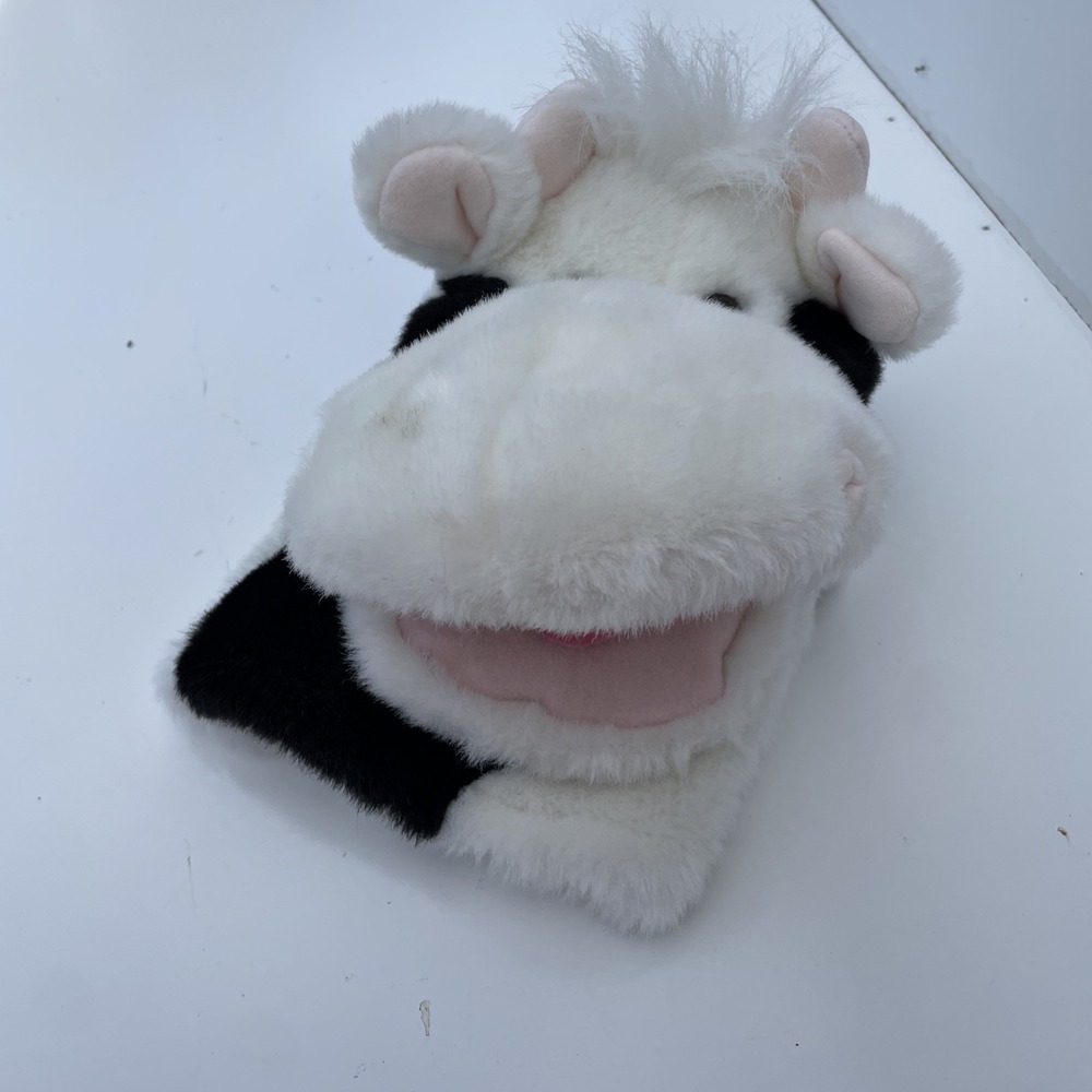 Aurora Cow Puppet Plush Black White 12 Inches Pink‎ Tongue Mouth